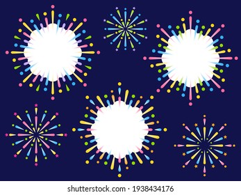 Illustration set of circular fireworks frame with white copy space on dark blue background