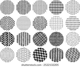 Illustration set of circular hand drawn style stitches and knitting patterns