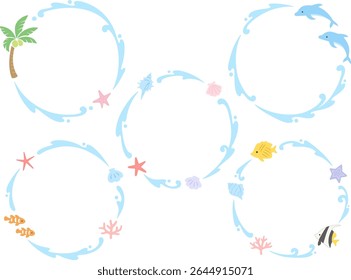 Illustration set of circular ring frames of sea creatures and waves
