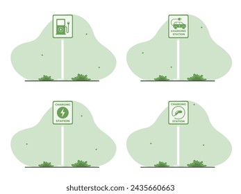 illustration set of a city sign and symbol for electric vehicle parking and charging. Vector Icons sign point electric vehicle charging station. 