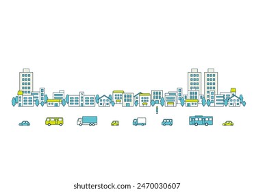 Illustration set of cityscape with cars and buses. Flat vector material isolated on white background.