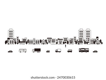 Illustration set of cityscape with cars and buses. Flat vector material isolated on white background.