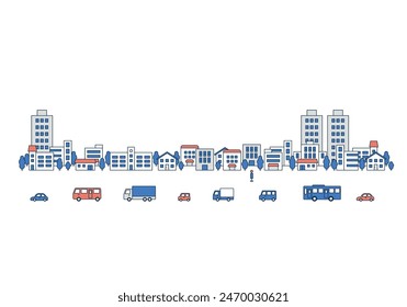 Illustration set of cityscape with cars and buses. Flat vector material isolated on white background.