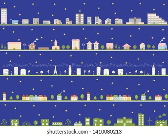 illustration set of city,town and factory area at night
