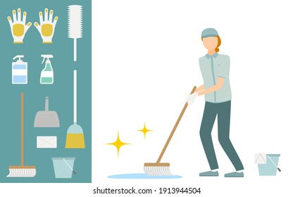 Illustration set of clean staff and cleaning goods, whole body