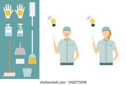 Illustration set of clean staff and cleaning goods, upper body