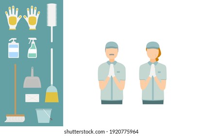 Illustration set of clean staff and cleaning goods, upper body