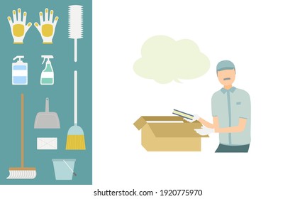Illustration set of clean staff and cleaning goods, upper body