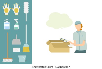 Ilustración de personal limpio y de artículos de limpieza, parte superior del cuerpo