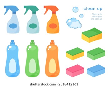 Illustration set of cleaning detergent, spray and sponge