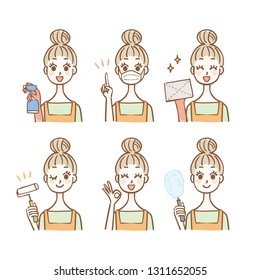 Illustration set of cleaning tool and housewife