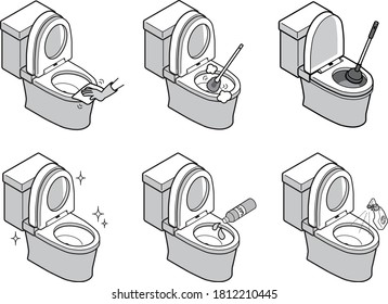 Illustration set for cleaning Western-style toilets