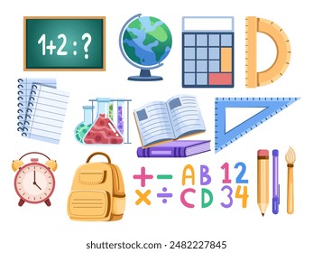 Illustration set of clip art features various school and education-related elements. Includes a blackboard, a globe, calculator, arc ruler, spiral notebooks, science tubes, books, a triangular ruler