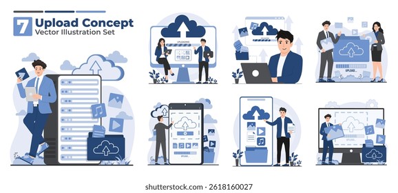 Illustration set of cloud storage upload concept showing users uploading files, syncing data, and saving to cloud