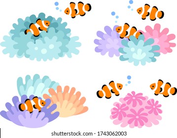 Illustration set of clown fish and sea anemones