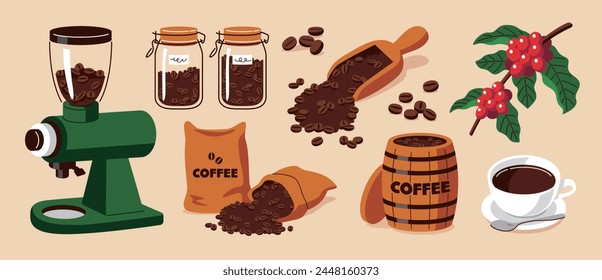 Conjunto de ilustración de granos de café y café