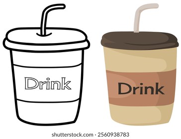 An illustration set of coffee cups and outline-style coffee cups for coloring.