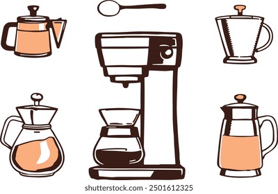 Ilustración de un conjunto de implementos para hacer café