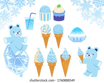 Illustration set of cold sweets (ice cream, shaved ice, drink, bear on ice chunk and bear holding soft serve ice cream)