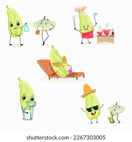 Illustration set, collection with funny  of pattypan,courgette, crop, zucchini, patisson. Characters doing sports, playing musical instruments, riding. Funny and healthy food. Cute face food, ingredie