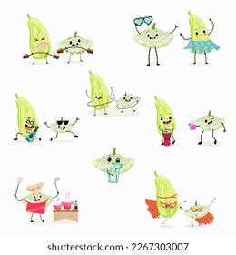 Illustration set, collection with funny  of pattypan,courgette, crop, zucchini, patisson. Characters doing sports, playing musical instruments, riding. Funny and healthy food. Cute face food, ingredie