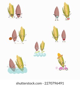 Illustration set, collection with funny  potato, crop,  yam, sweet potato, corn, cob,  maize, corncob characters doing sports, playing musical instruments, riding. Funny and healthy food. 