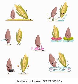 Illustration set, collection with funny  potato, crop,  yam, sweet potato, corn, cob,  maize, corncob characters doing sports, playing musical instruments, riding. Funny and healthy food. 