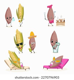 Illustration set, collection with funny  potato, crop,  yam, sweet potato, corn, cob,  maize, corncob characters doing sports, playing musical instruments, riding. Funny and healthy food. 