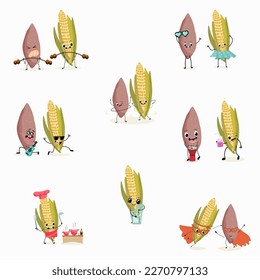 Illustration set, collection with funny  potato, crop,  yam, sweet potato, corn, cob,  maize, corncob characters doing sports, playing musical instruments, riding. Funny and healthy food. 