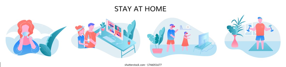 illustration set of color cartoons staying at home