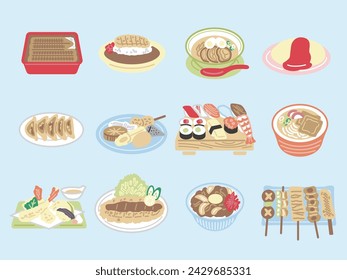 Conjunto de ilustraciones (color) de menús de comida japonesa popular entre los turistas que vienen a Japón