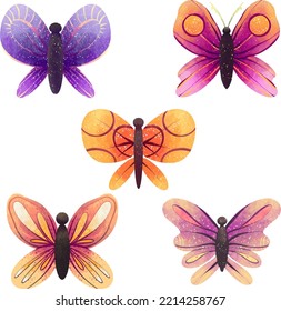 Illustration a set of colored butterflies for digital patterns