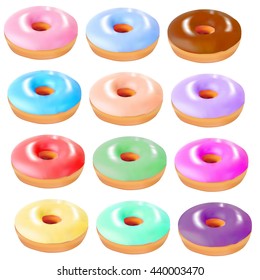 illustration set of colored donuts with icing sugar