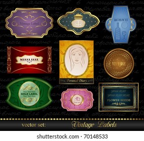 Illustration set colored gold-framed labels (2) - vector