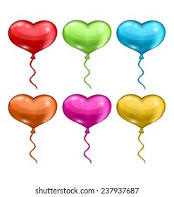 Illustration set colorful balloons in the shape of hearts isolated on white background - vector