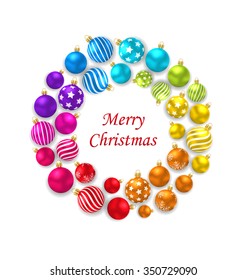 Illustration Set of Colorful Christmas Glass Balls, Round Frame - Vector