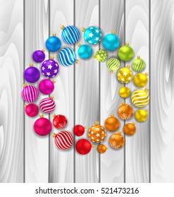 Illustration Set Colorful Christmas Glass Balls on Wooden Background - Vector