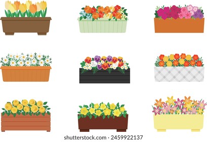 Illustration set of colorful cute flowers in a planter