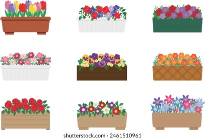 Illustration set of colorful cute flowers in a planter