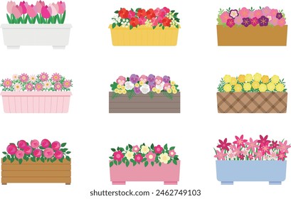 Illustration set of colorful cute flowers in a planter