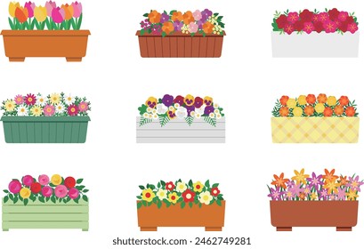 Conjunto de ilustraciones de flores lindas y coloridas en una jardinera