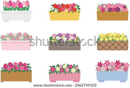 Illustration set of colorful cute flowers in a planter