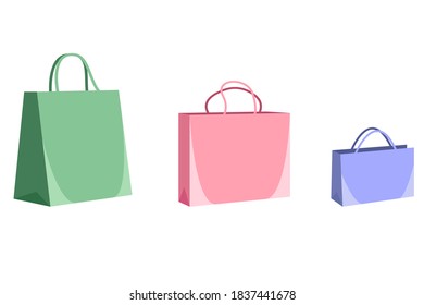 Illustration set of colorful empty paper shopping bags isolated in white. Vector flat Illustration.