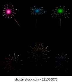 Illustration set colorful fireworks on dark background - vector