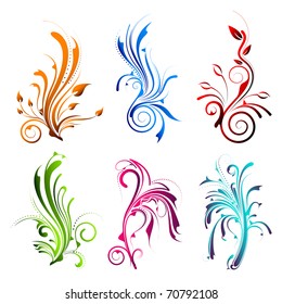 illustration of set of colorful floral swirls on isolated background