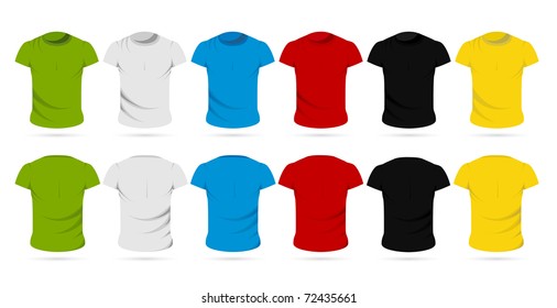 illustration of set of colorful front and back view of male t-shirts