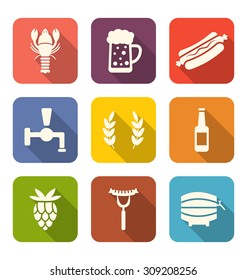 Illustration Set Colorful Icons of Beers and Snacks, Long Shadows Style - Vector