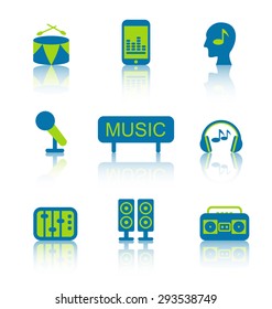 Illustration Set Colorful Icons of Music Equipment and Objects with Reflection. Isolated on White Background (2) - Vector
