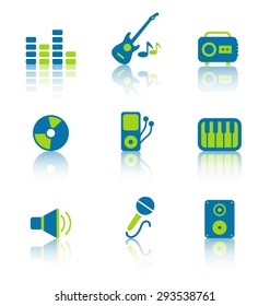 Illustration Set Colorful Icons of Music Equipment and Objects with Reflection. Isolated on White Background (1) - Vector