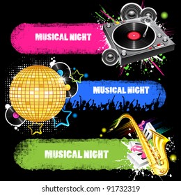 illustration of set of colorful musical banner with instrument